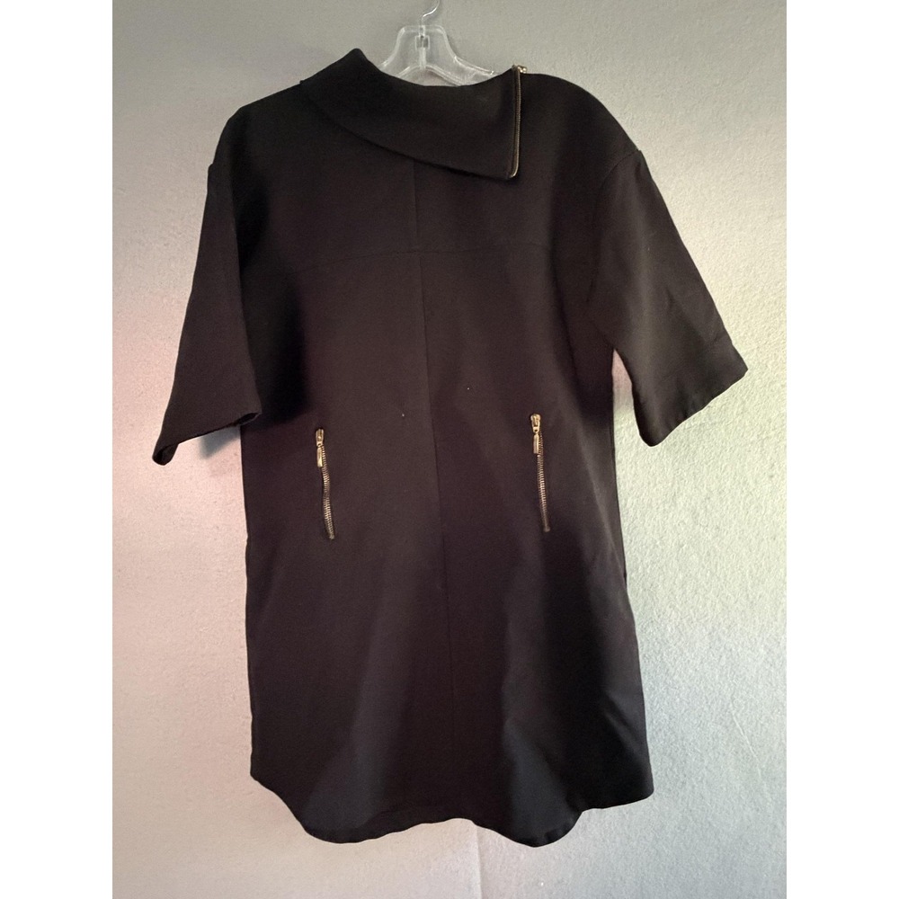 Zara Basic Dress Womens M Black High Neck Short Sleeve Shift Zip Pockets Office